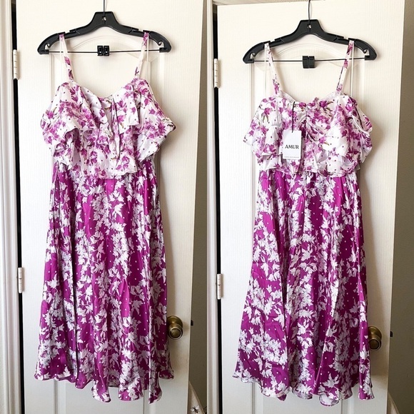 AMUR Dress Off-The-Shoulder Popover Waist Floral Silk Flowy Midi Magenta 4 NWT - Picture 1 of 7